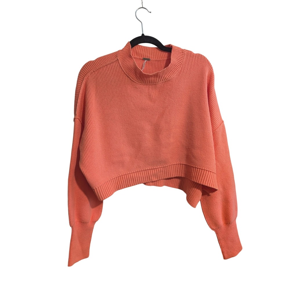 Free People Sweater Womens Medium Coral Orange Ribbed Knit Cropped Mock Neck